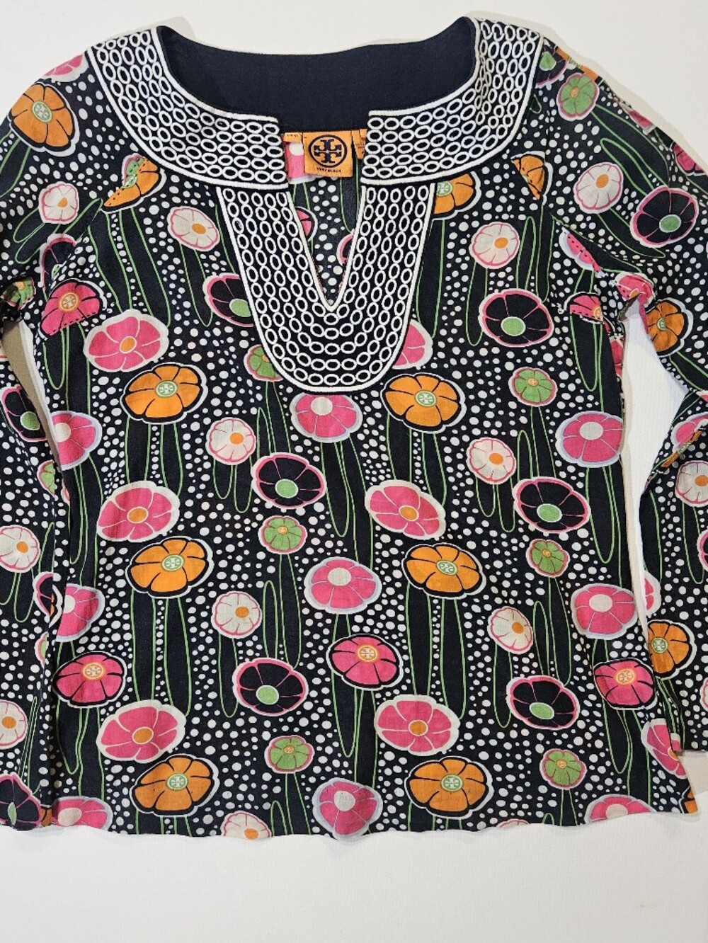 Tory Burch Tunic Top Womens 4 Orange Black Floral Poppy Polks Dot 60s Style